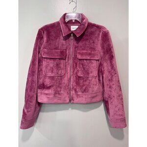 Nine West Womens Bomber Velvet Jacket Size M Pink Zip-Up Double Pockets Long Sle
